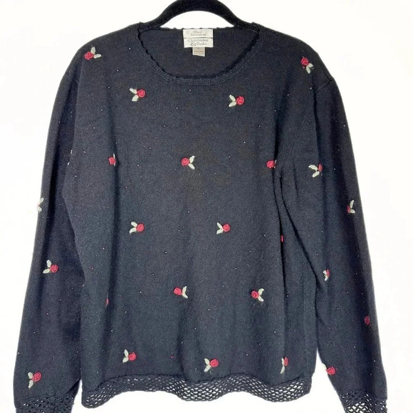 Christopher Banks Vintage Womens Sweater Black Floral Embroidered Beaded XL - Picture 1 of 8